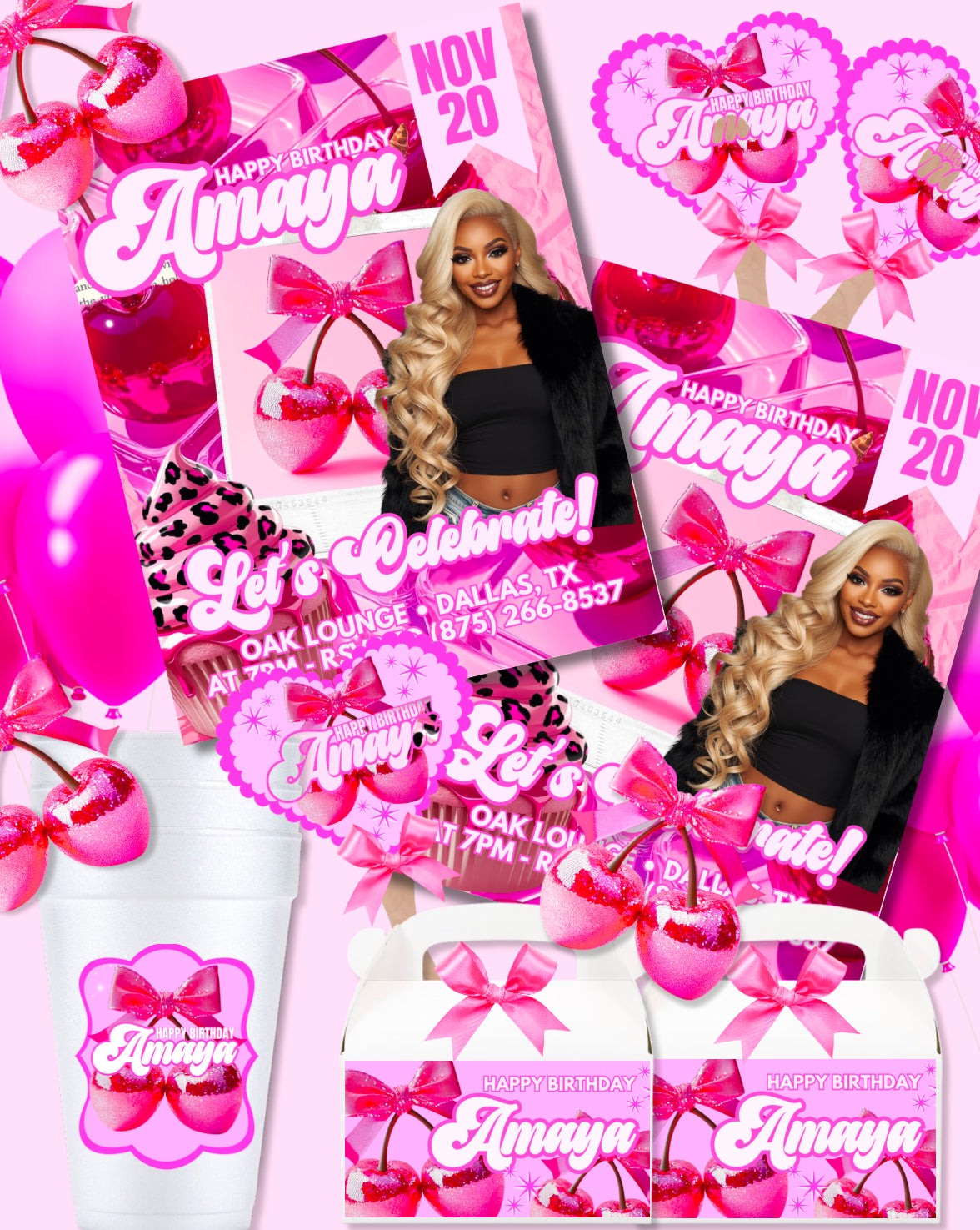 Pink Cherry Birthday Template Bundle